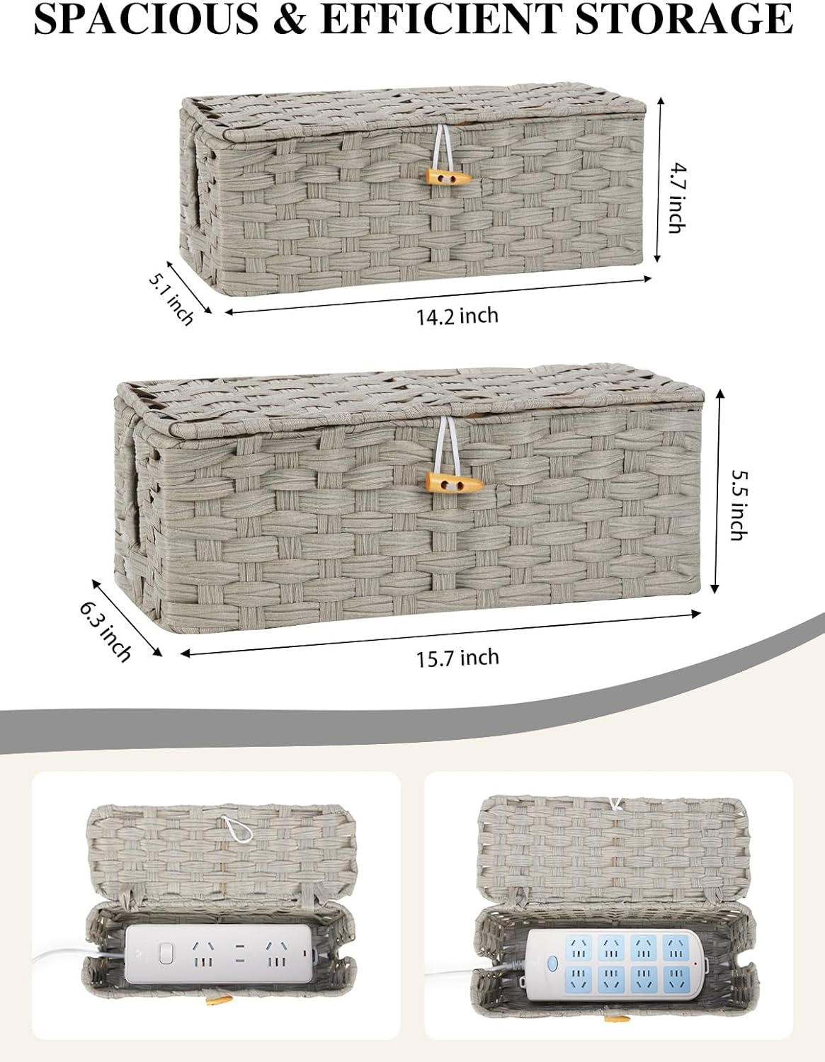 Temary Cable Management Box with Lids, 2-Pack Handmade Cable Organizer Boxes for Home, Office to Hide Cords and Power Strip, Cord Cover Floor Hider Set Woven Rattan Cable Organizer Box (Grey)