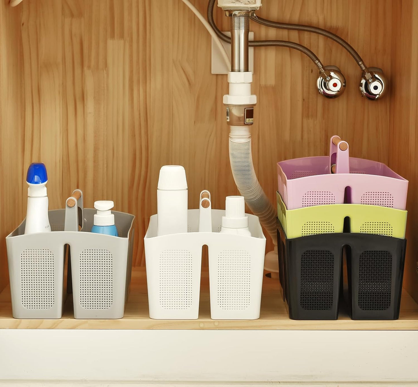 ALINK Portable Shower Caddy Basket with Compartments, Plastic Divided Cleaning Caddy Organizer Storage Tote with Handle for Bathroom, College, Dorm Room Essentials, Pink