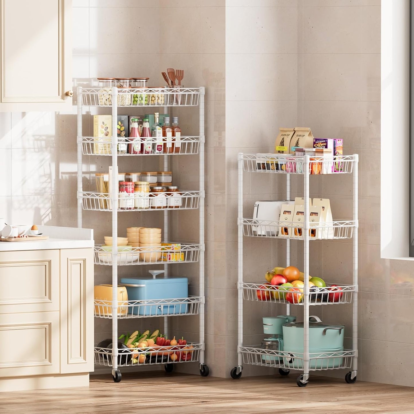 SINGAYE 6 Tier Basket Shelf Wire Shelving Unit Adjustable Storage Shelves Big Basket Rack for Garage Kitchen Office Pantry Corner 17" Dx12 Wx63 H White