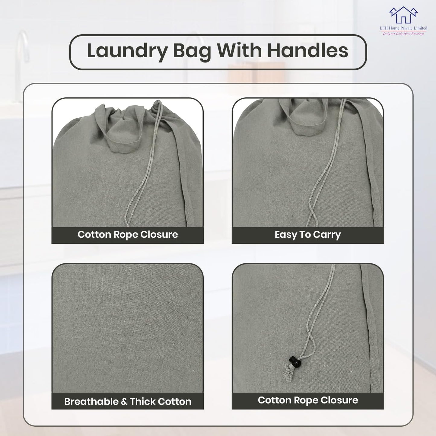 LFH Home Cotton Canvas Large Laundry Bag with Handle, Heavy Duty Drawstring Closure Washable Laundry Bags, School Travel, Home, Hotel, College Dorm, Organizer Sack, Toys Clothes 24x36 (Pack of 2)-Grey