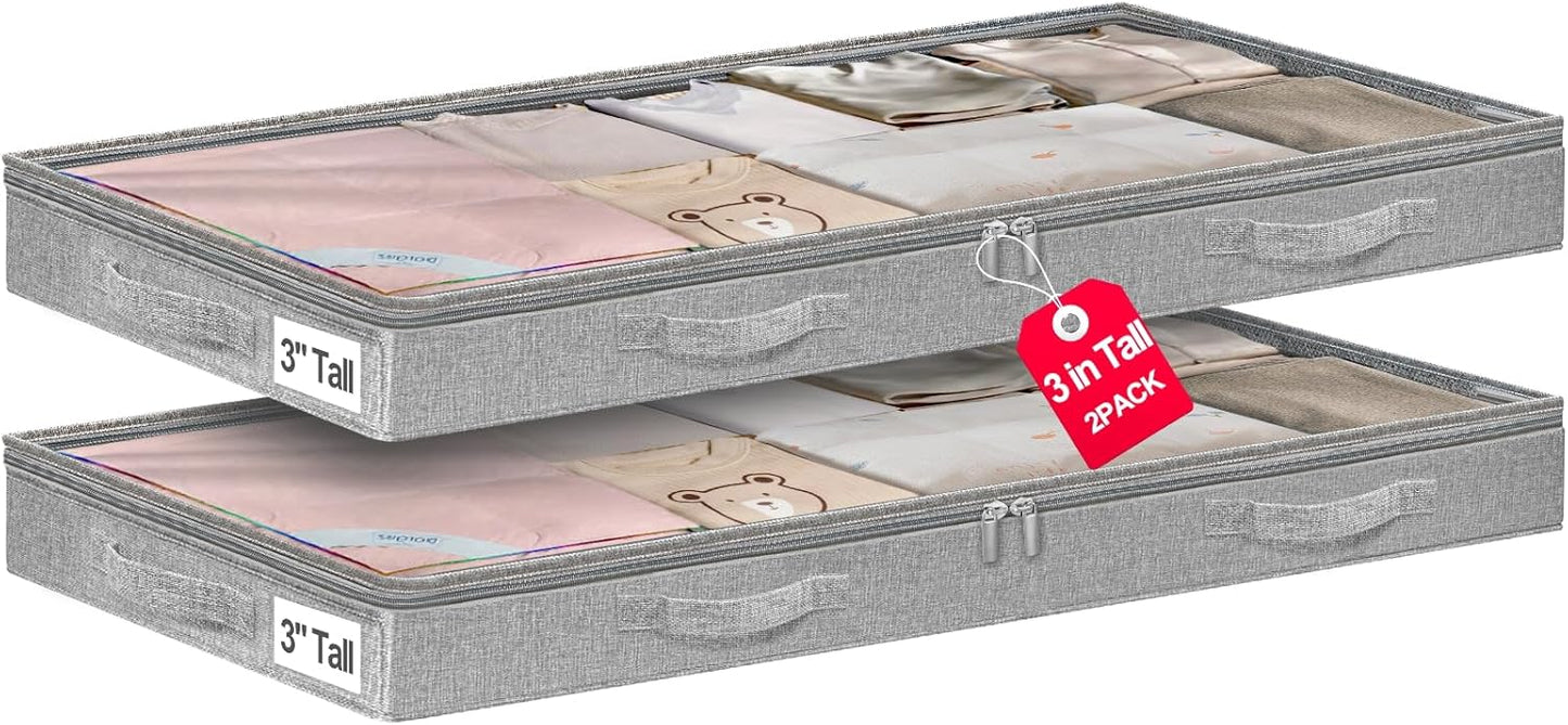 3 Inch Low Profile Under Bed Storage Bins with NO STURCTURE Design, Shallow Clothes Storage Bags with Clear Lids & Waterproof Fabric - Fits Under Sofa, Couch, Dorm, or College Beds，40x20x3inch，Grey