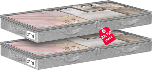 3 Inch Low Profile Under Bed Storage Bins with NO STURCTURE Design, Shallow Clothes Storage Bags with Clear Lids & Waterproof Fabric - Fits Under Sofa, Couch, Dorm, or College Beds，40x20x3inch，Grey