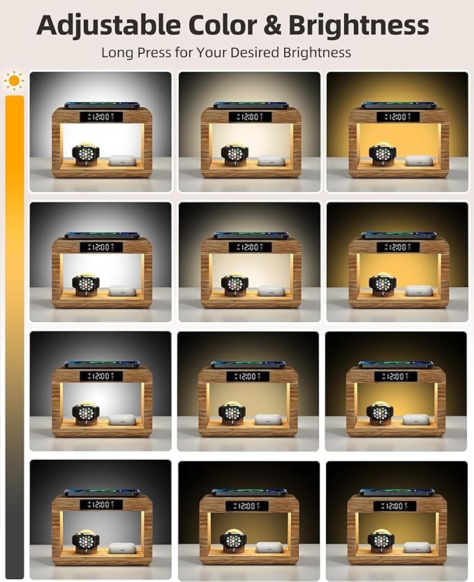 Bamboo Wireless Charging Station,Wireless Charger with Digital Alarm Clock and Night Light, Fast Charger Stand for iPhone 16/15/14/13/12/11 Pro Max/X/Xs, AirPods Pro, iWatch Series 10/9/8/7/6/5/SE