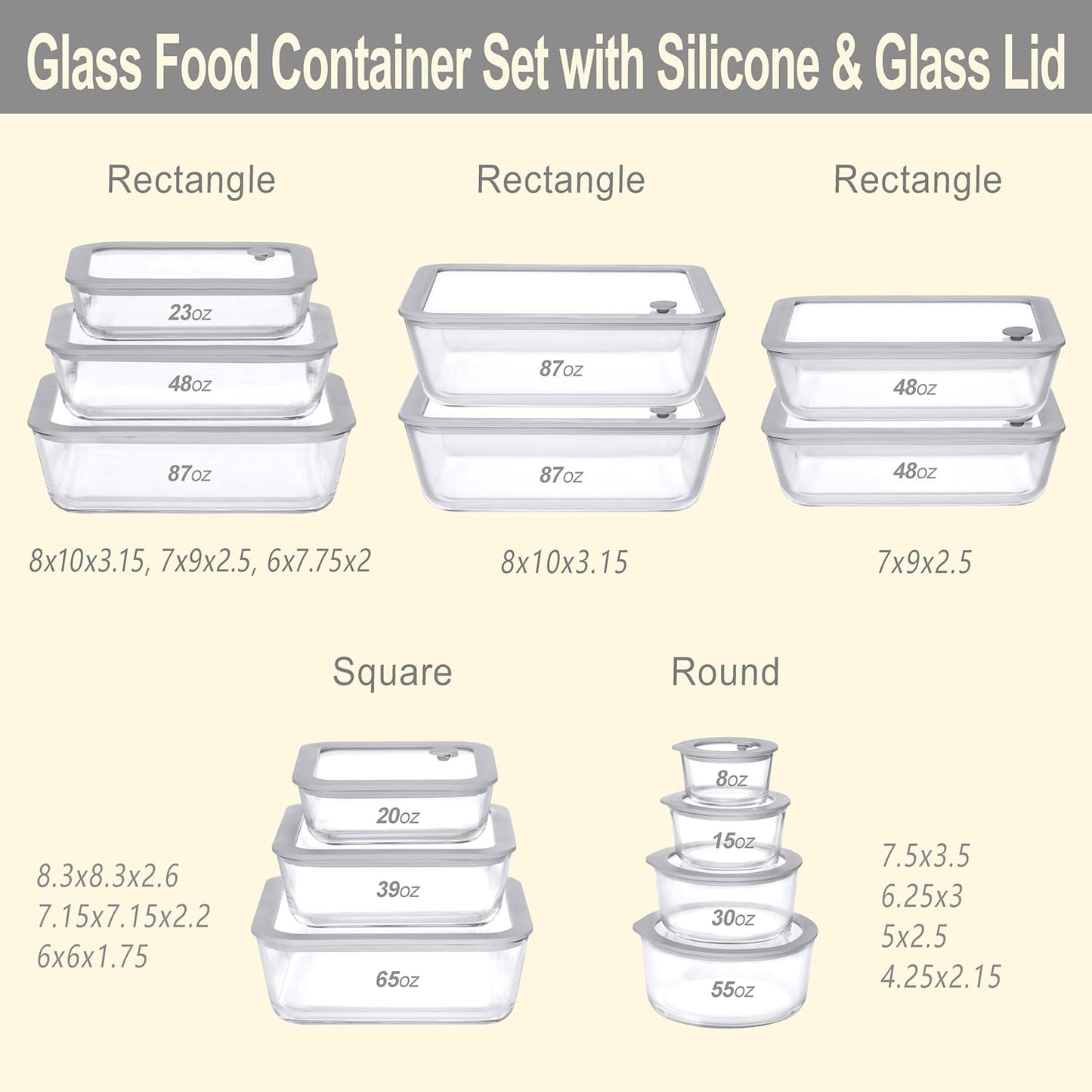 Glass Food Containers with Glass Lid, Microwave Safe Food Storage Container Set, 2 Pack of 48oz, Large Size Meal Prep Storage Set with Airtight Leak Proof Lid.