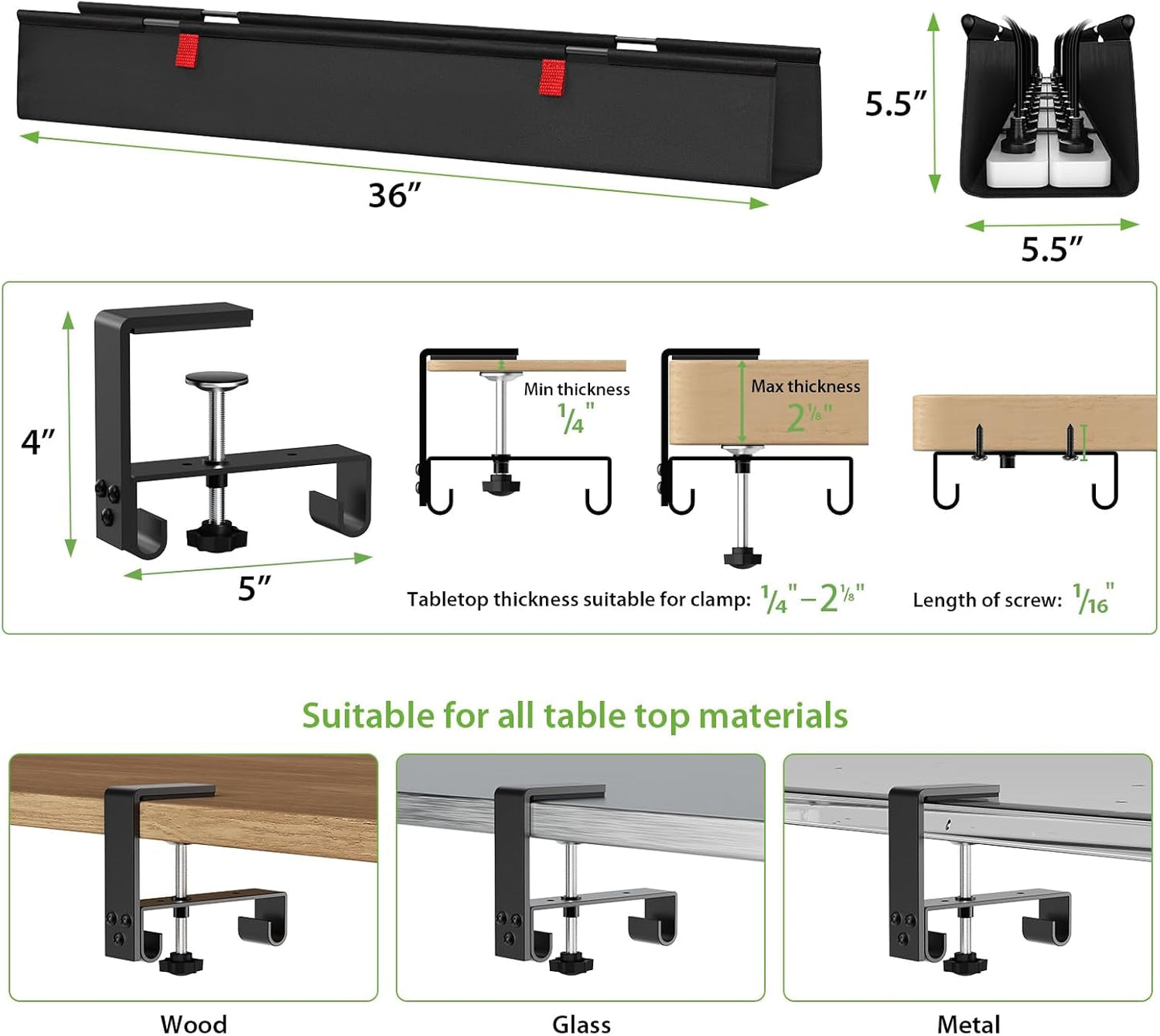 KEEGH Large 36" Under Desk Cable Management Tray - Under Desk Cord Organizer - Clamp/Screw Mount - Support Upto 70lbs - Fabric Wire Management - Gaming/PC Cable Raceways - Cord Hiders for Office/Home