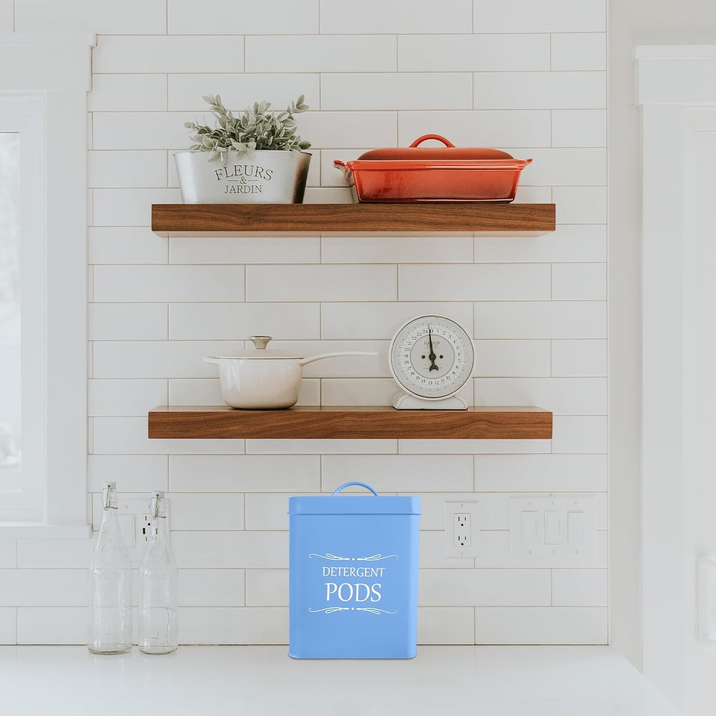 Meraki Home Laundry Detergent Container Set – 2-Pack Detergent Holder and Pods Container with Metal Scoop – Farmhouse Canisters for Laundry Room Organization and Storage - Matte Blue