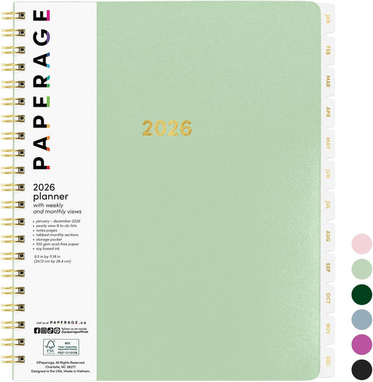 PAPERAGE 2026 Weekly & Monthly Planner, 12 Months (January 2026 - December 2026), 9.2 in x 11.2 in, Spiral Bound 2026 Planner with Weekly, Monthly & Yearly Views, Note Pages & Inner Pocket – Sage Green
