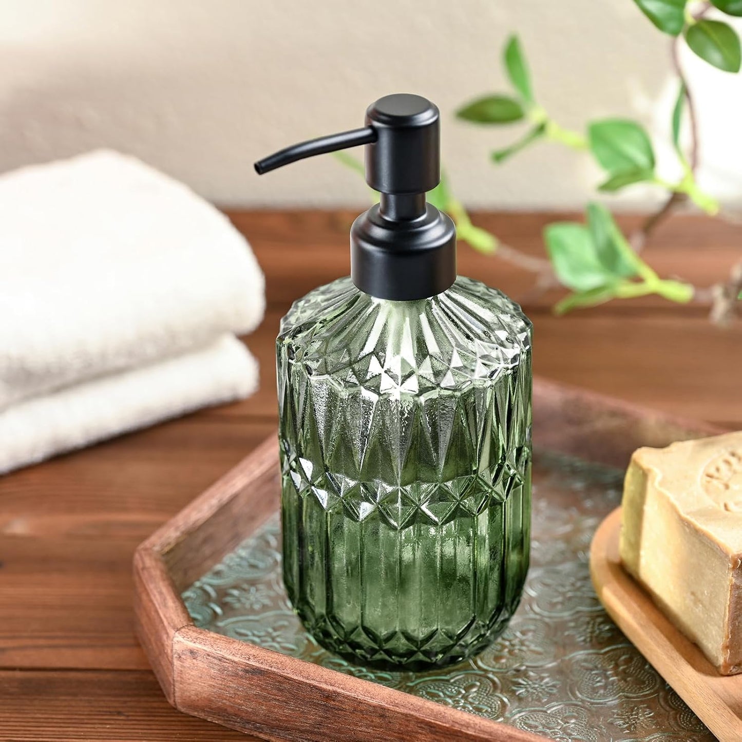 Green Glass Soap Dispenser with Black Rust Proof Pump Refillable for Kitchen Dish Soap Bathroom Hand Soap Lotion and Body Wash