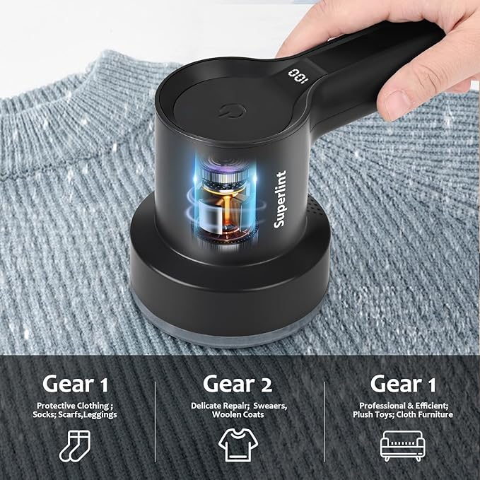SUPER LINT Electric Fabric Shaver Electrostatic Brush, LED Display, 3-Speeds, Rechargeable Sweater Shavers to Remove Pilling for Clothing, Couch, Furniture, Black