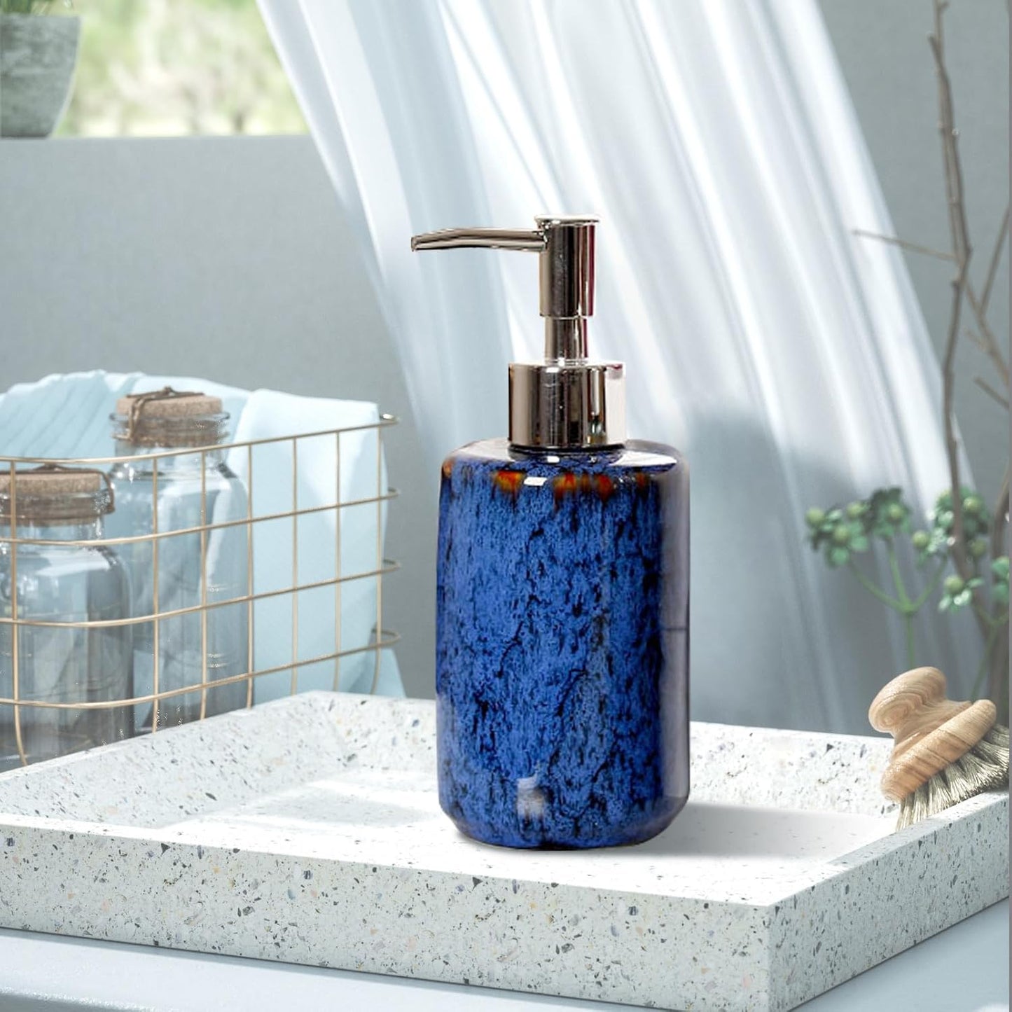 jessie Hand Soap Dispenser,Blue Ceramic Liquid Hand Soap Dispenser with Pump,Modern Vintage Refillable Hand Lotion Pump Bottle for Bathroom Kitchen Set 11.8 oz (Blue)