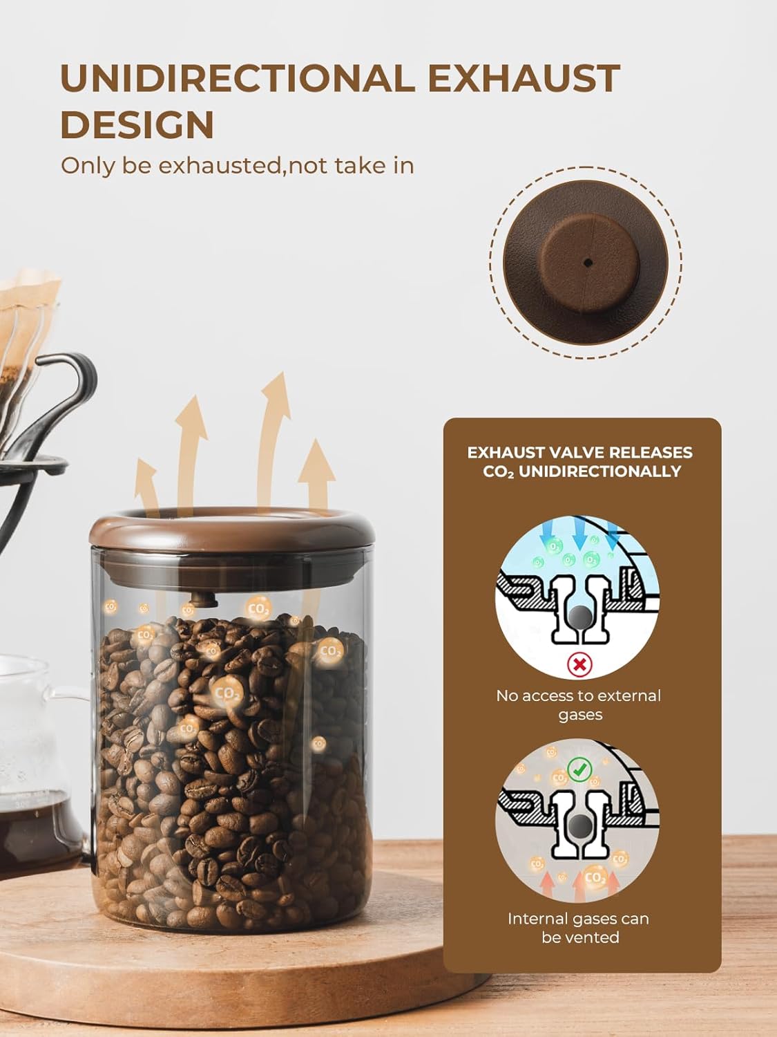 Ground Coffee Glass Container Airtight 10 oz – Pop Top Ground Coffee Canister with CO₂ Valve, 0.63lb Coffee Bean Container, UV Resistant