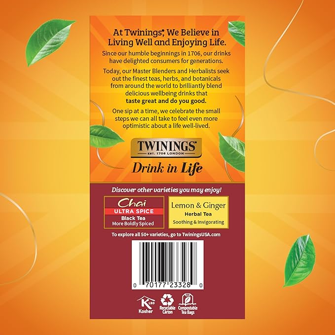Twinings Chai Black Tea Individually Wrapped Bags, 50 Count (Pack of 6), Sweet, Savoury Spices, Caffeinated, Enjoy Hot or Iced, 300 Teabags