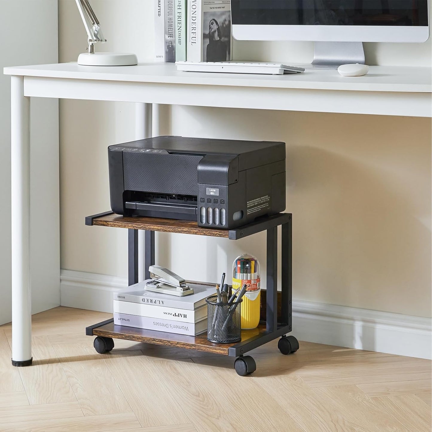 IBUYKE Under Desk Printer Stand,2 Tier Printer Cart,Mobile Home Desktop Organizer Shelf with 4 Wheels,for Fax, Home Office Use，Rustic Brown UTLJ007H