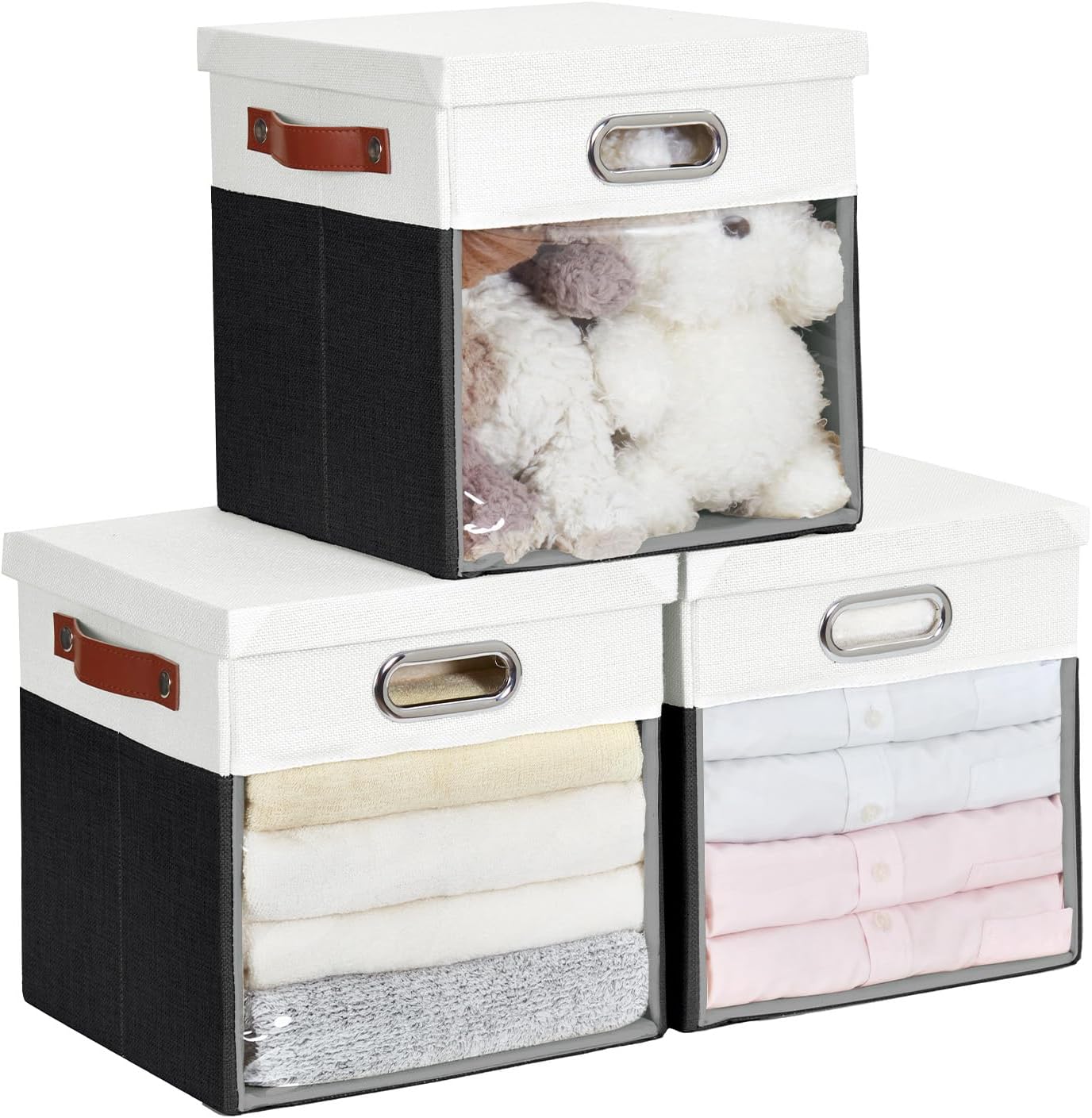 Fabric Storage Cubes with Clear Windows and Lids 11'' Foldable Storage Bins with 3 Handles, Decorative Storage Boxes for Home, Bedroom, Closet, Office (Balck & White)