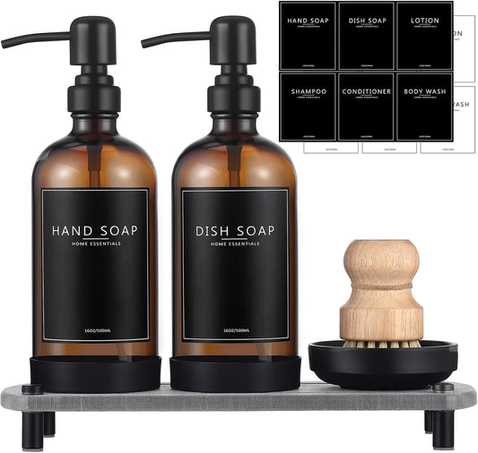 Kitchen Soap Dispenser Set with Instant Dry Tray,16 Oz Hand and Dish Soap Amber Glass Dispenser Set,Stainless Steel Pump,Waterproof Labels&Dish Brush,Luxury Soap Bottle for Kitchen,Bathroom