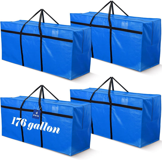 4 Pcs 176 Gallon Large Moving Bags with Zipper and Handles Foldable Storage Duffle Bags Heavy Duty Extra Large Totes for College Dorm Travel Clothes Blankets Bedding Moving (Blue)
