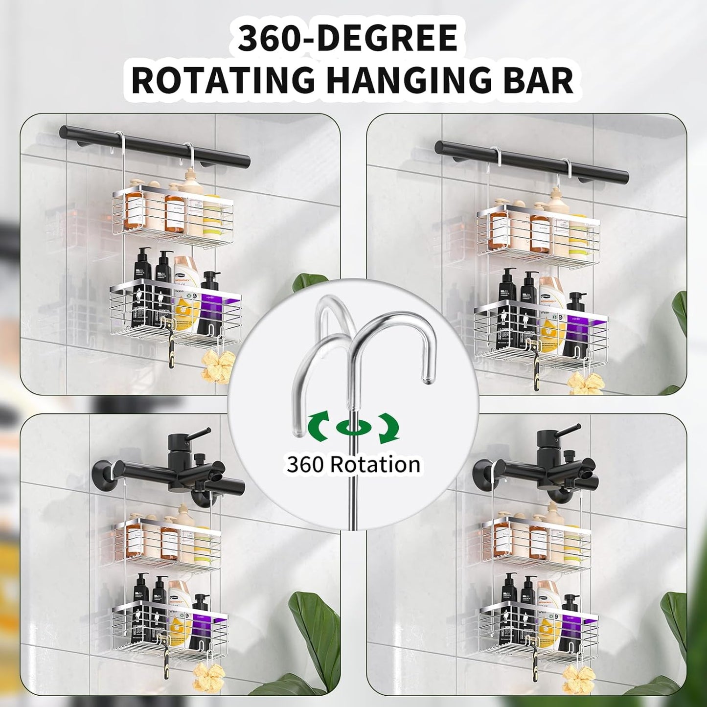 SHANSHUI Shower Hanging Caddy, Double Bathroom Showers Organizer Basket, Shampoo Bracket, Over Door Shower Rack with Hooks, 304 Stainless Steel Rustproof