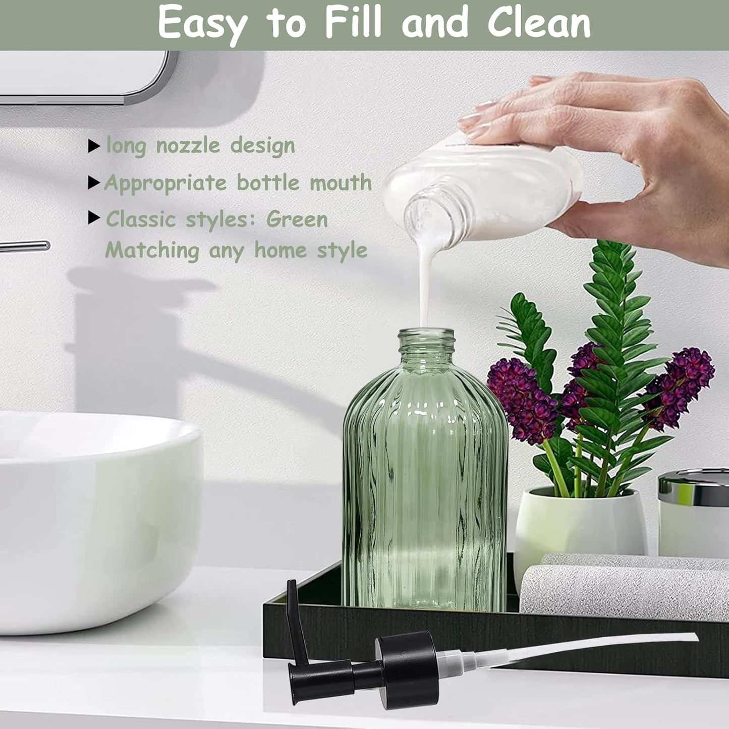Green Glass Soap Dispenser Set with Black Pump, 13.5oz Refillable Liquid Hand Soap Dispenser, Lotion Dish Soap Dispenser for Modern Home Decor, Bathroom, Kitchen Countertop, Hotel(2 Pack)