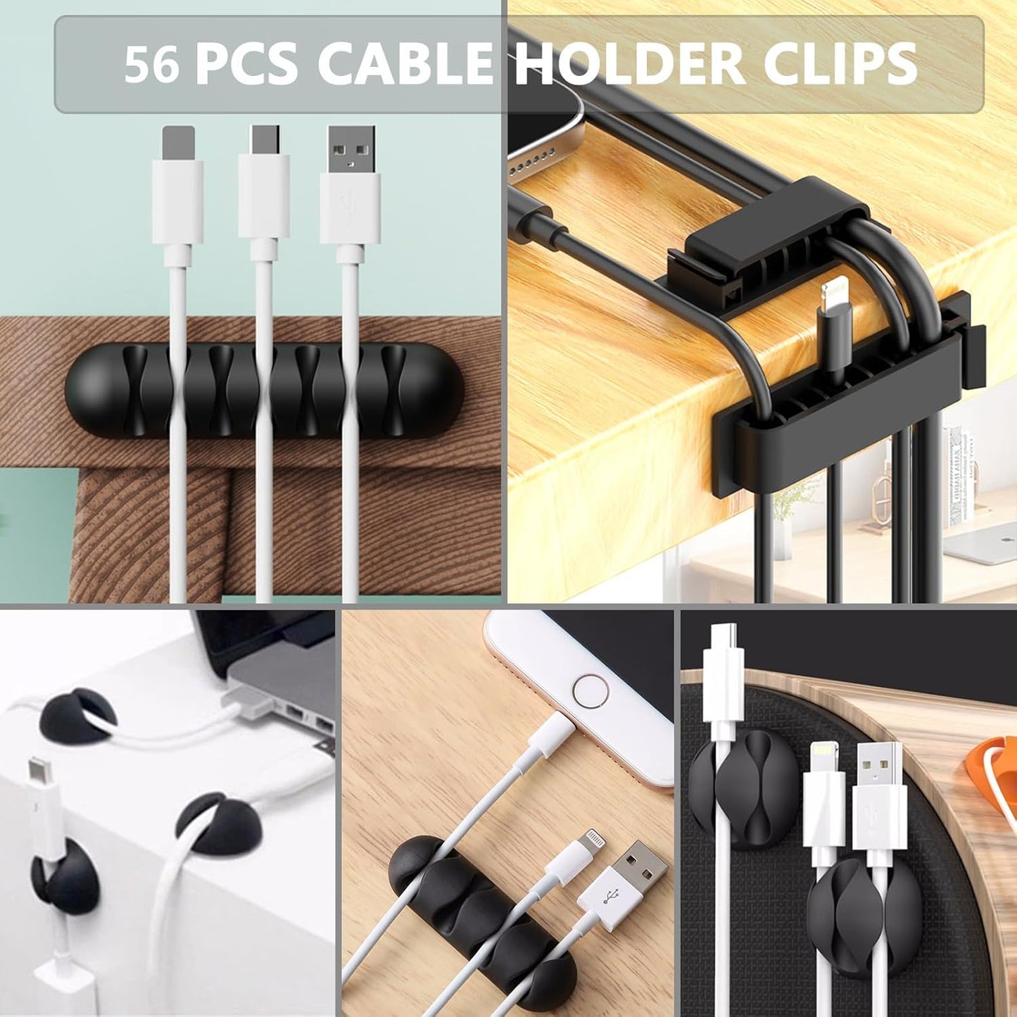 ELII 302PCS Cable Management Kit 4 Cable Sleeve,45Cable Clips,11Cable Holders,22 Roll Cable Organizer Straps and 200 Fastening Cable Ties,20 Cable Zip Tie Mounts Computer Under Desk (Black)