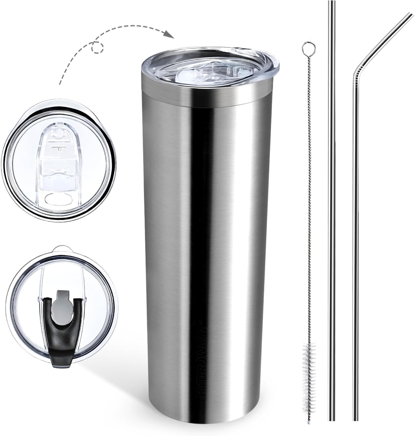 HYDROWION Triple-Insulated Tumblers - Stainless Steel with Lid and Straw, 20 oz Water Bottle, Coffee Cups, Travel Mug for Home & Office Stainless Steel