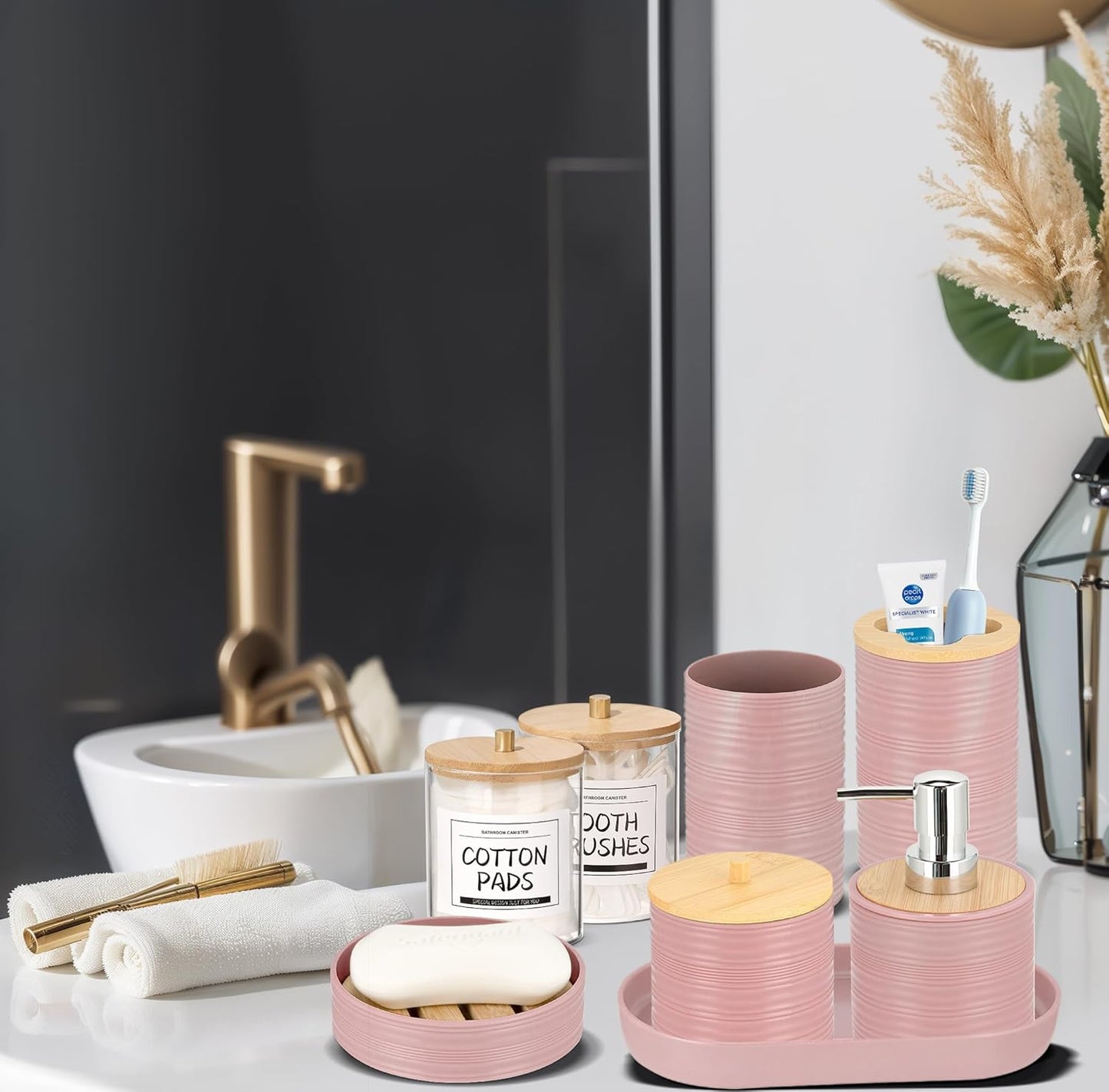 IMAVO Bathroom Accessory Set-11Pcs Pink Bathroom Accessories Set with Trash Can,Soap Dispenser,Soap Dish,Toothbrush Holder,Toothbrush Cup,Toilet Brush Holder,Qtip Holder Dispenser with Labels