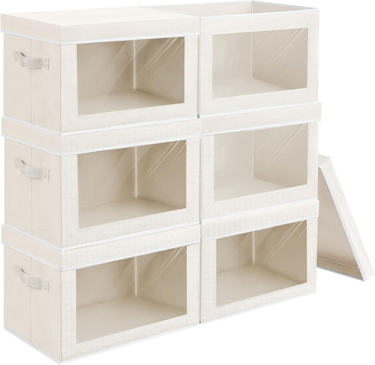 Stackable Storage Bins with Lids - Medium Storage Box with Lids, Foldable Closet Boxes for Organizing, Wardrobe Clothes Organizer with Window, Fabric Bins for Living Room, 6 Pack, Beige