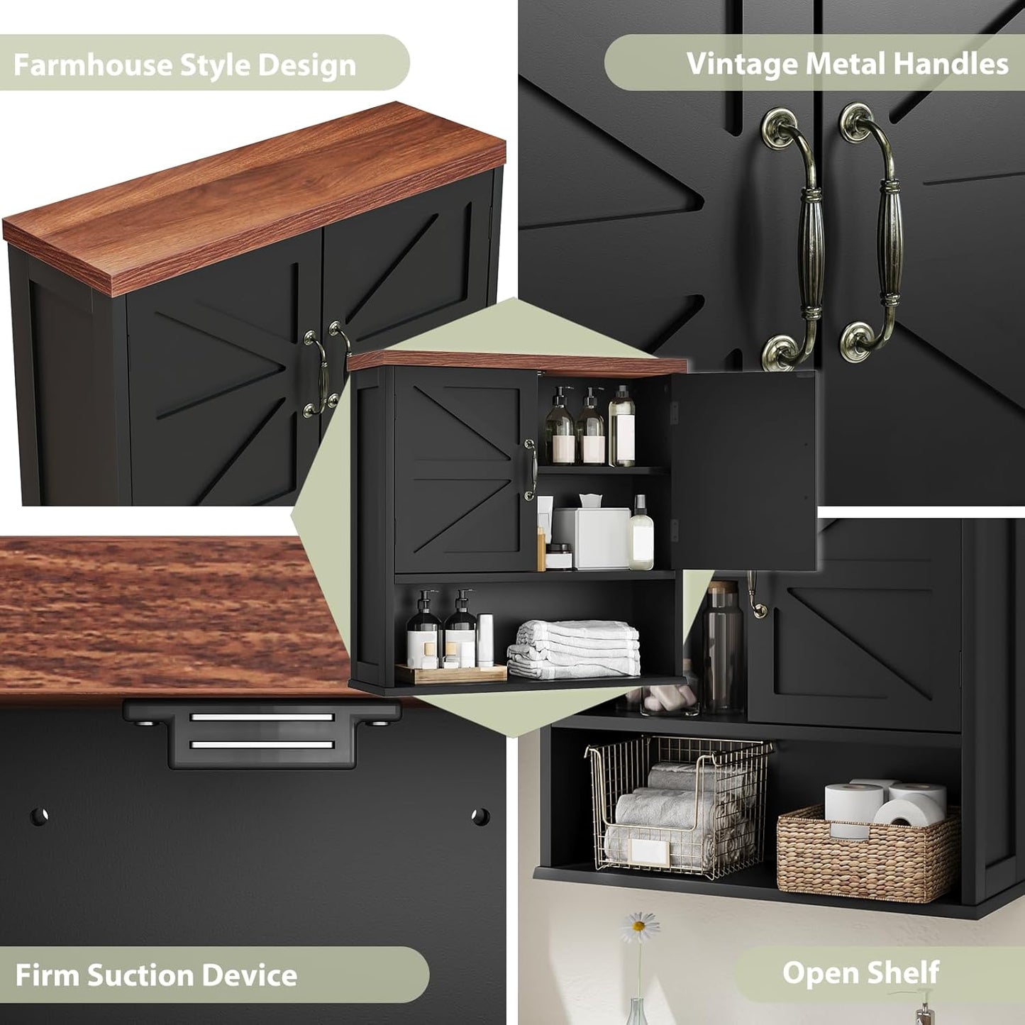 Smuxee Farmhouse Wall Mounted Cabinet, Black Medicine Cabinet with Adjustable Shelf, for Bathroom, Living Room, Laundry Room