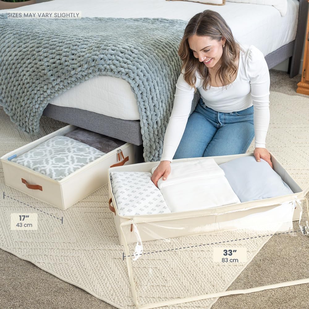 OrganiHaus Under Bed Storage Containers, Bedroom Storage and Organization Bins, Clothes Organizer for Closet with Clear Cover and Reinforced Handles - Set of 2 33x17x6 inches Off-White
