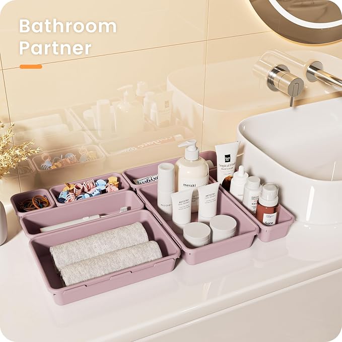 A-LuGei 【𝟮𝟴𝗣𝗖𝗦】 【𝟱𝗦𝗶𝘇𝗲】 Purple Drawer Organizer, Makeup organizer, 【Holds 177 Items】 Bathroom Organizers and Storage, Plastic Desk Organizer Divider, Organizer Bins for Office Vanity