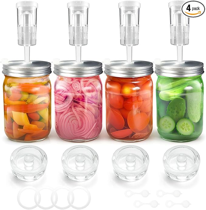4 Pack Fermentation Kit, Stainless Steel Fermentation Lids and Glass Weights for 86MM Wide Mouth Mason Jars (No Jars)