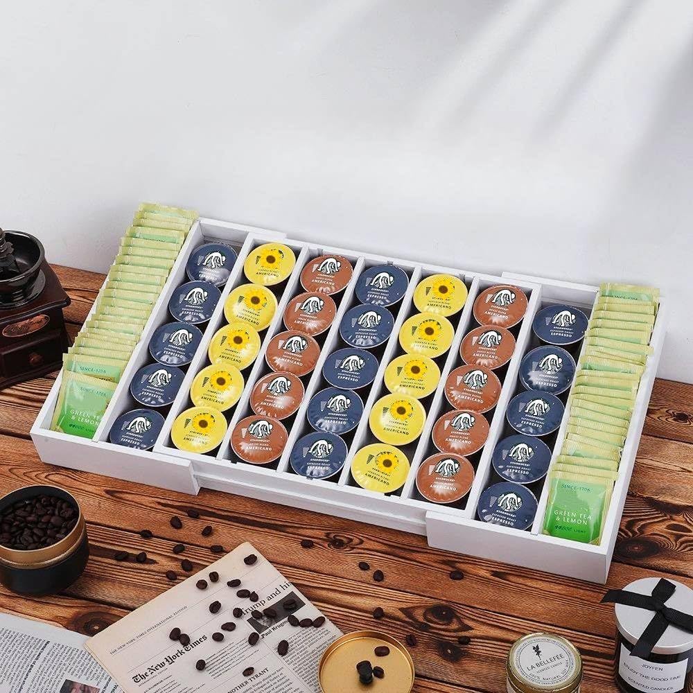 K Cup Holder,Bamboo Coffee Pod Holder Drawer Organizer, Expandable Coffee Pod Holder Tea Bag Storage Organizer for Kitchen Office Coffee Bars,Accommodate 45 K Cups (White)