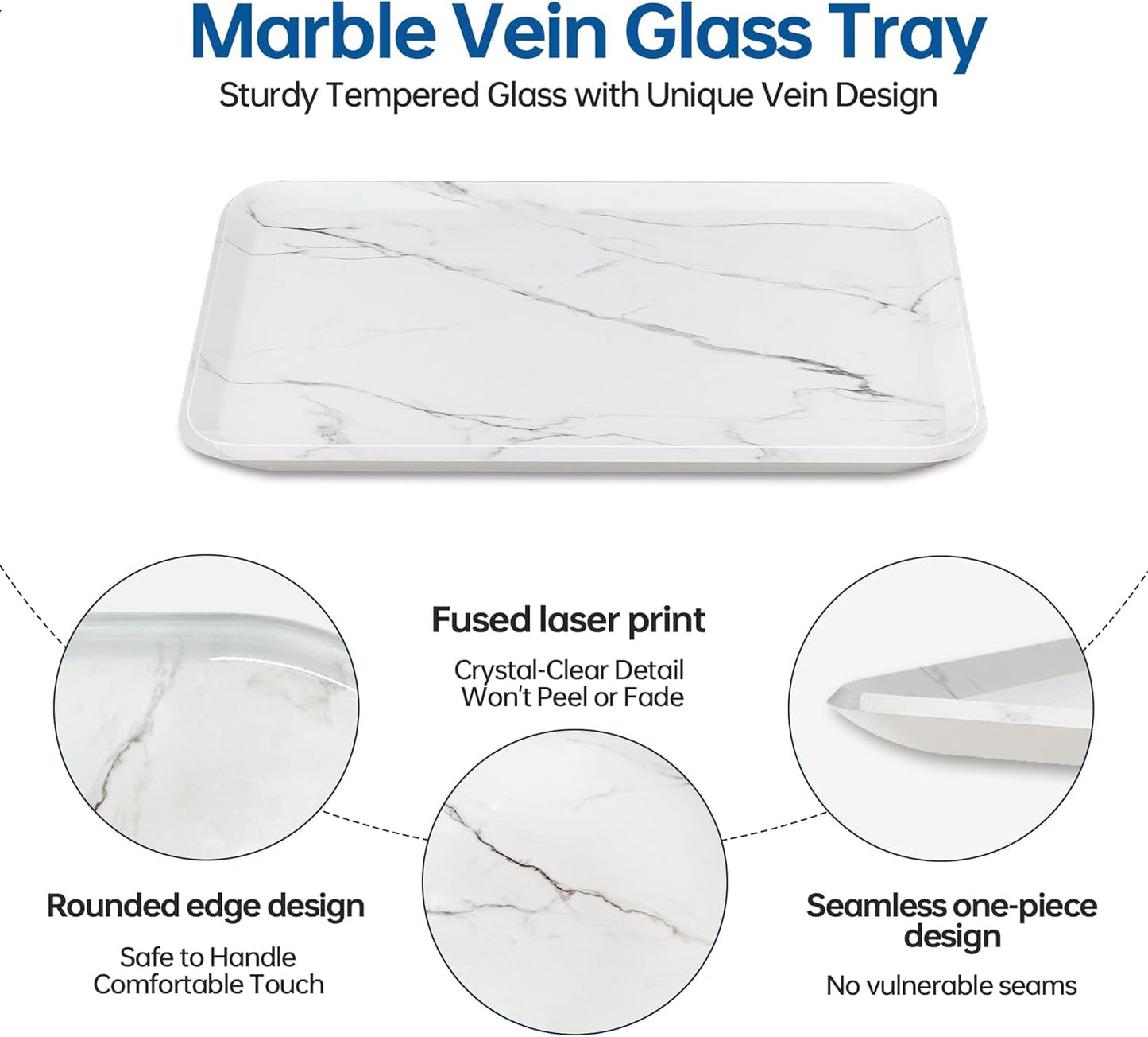 Vanity Decorative Glass Tray,12" x 8" White Marble Pattern Perfume Tray, Bathroom Tray Countertop Organizer for Soap Towel, Jewelry, Candle