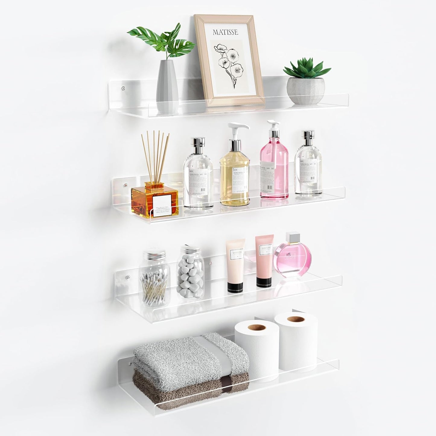 upsimples 4 Pack 15x6 Inches Acrylic Bathroom Shelves for Wall, Floating Bathroom Shelves Over Toilet, Storage Shelf for Toilet Paper, Towels and Toiletries, Clear