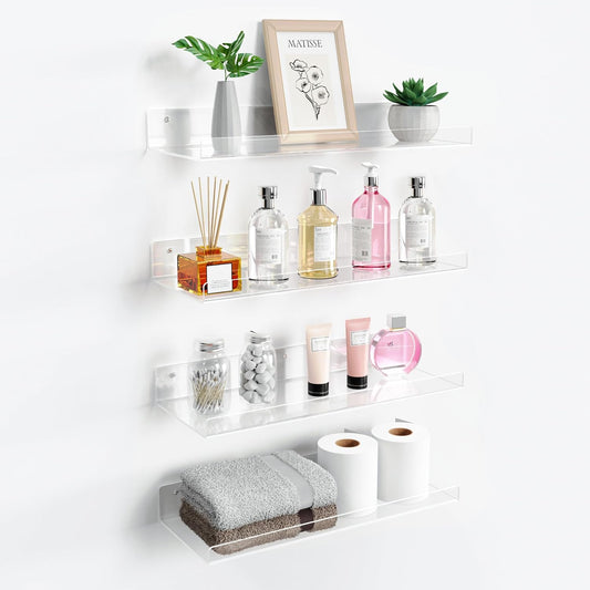 upsimples 4 Pack 15x6 Inches Acrylic Bathroom Shelves for Wall, Floating Bathroom Shelves Over Toilet, Storage Shelf for Toilet Paper, Towels and Toiletries, Clear