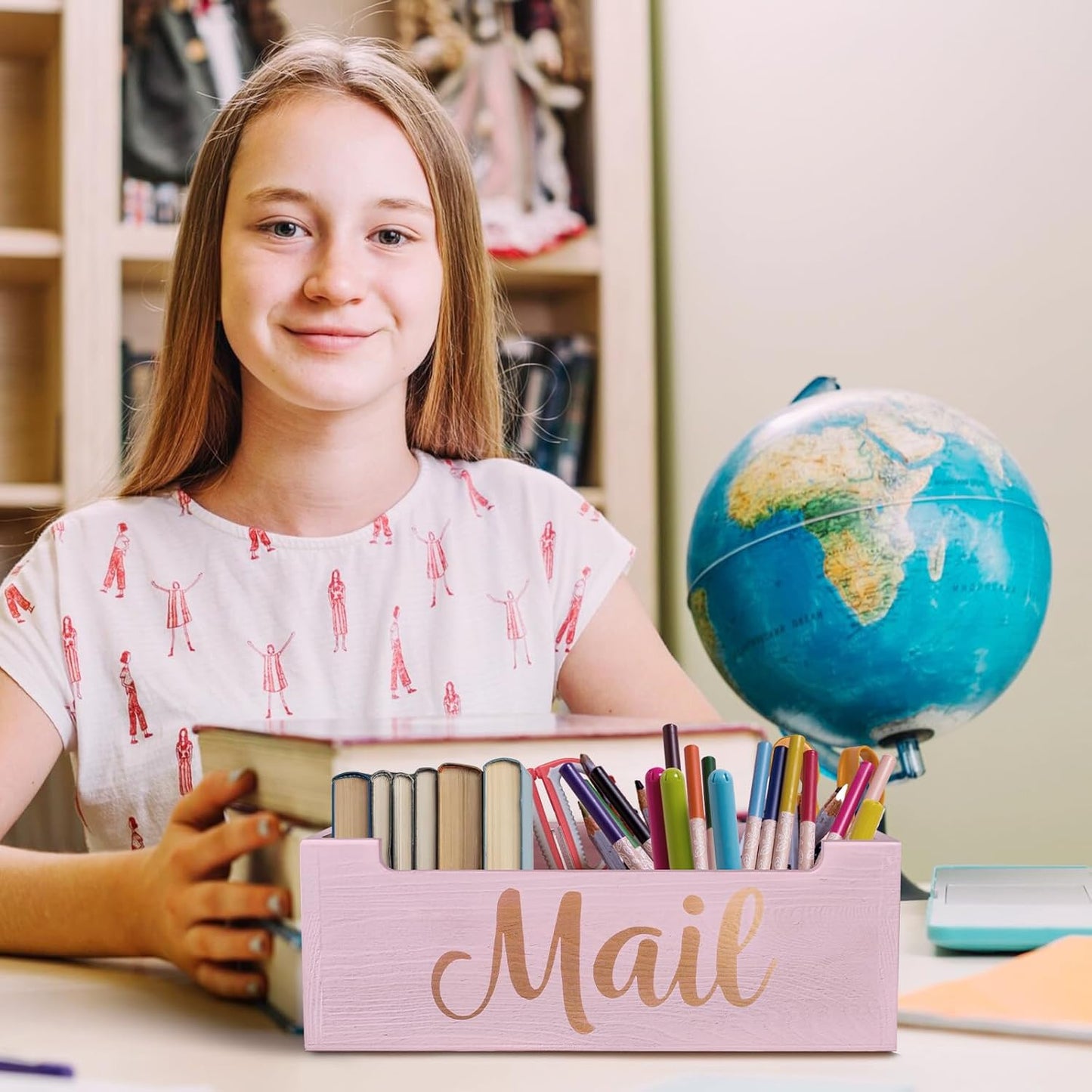 Pink Mail Organizer Cute Mail Holder Countertop, Wooden Mail Basket Mail Tray Letter Holder for Office Desk, Farmhouse Mail Storage Box Wall Mounted