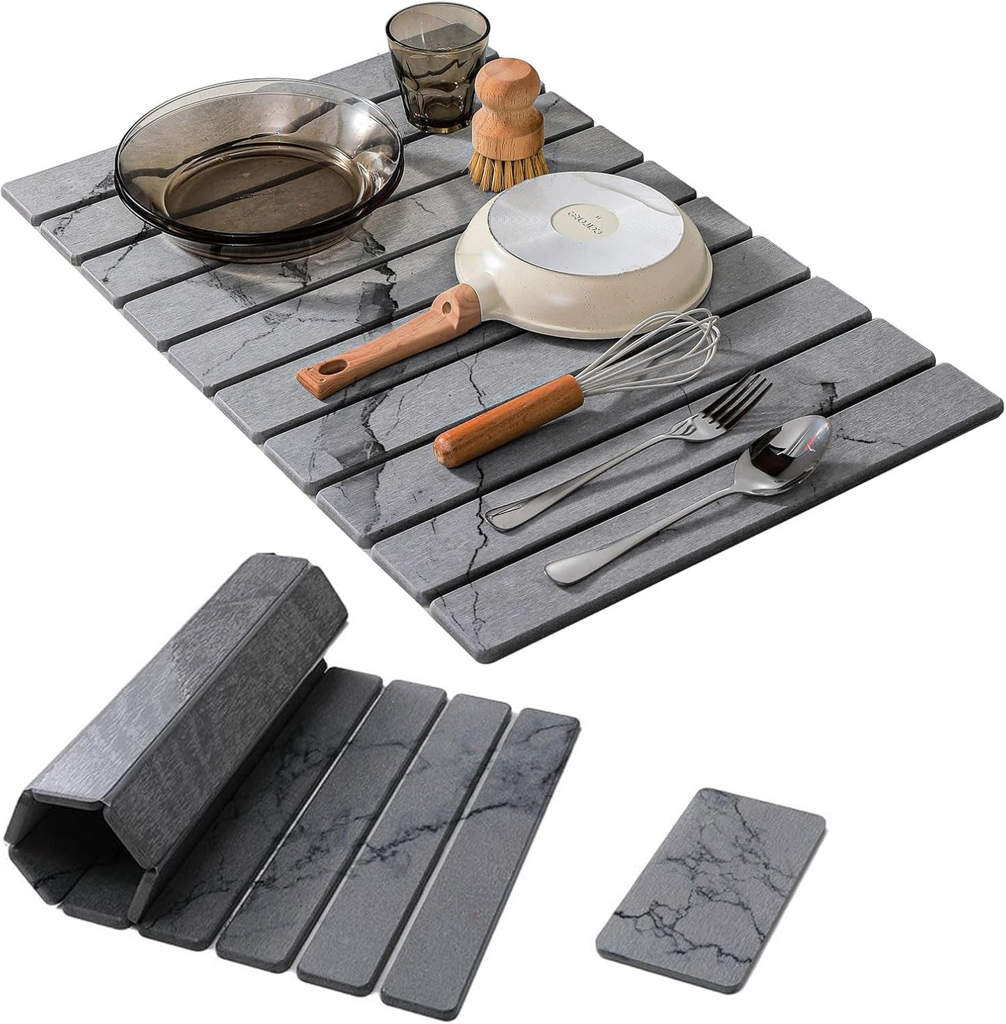 2 PCS Large Stone Dish Drying Mat for Kitchen Counter, , Marbled Water Absorbing Diatomaceous Earth Drying Pad for Countertop Bottles Utensils Cups 24"x16"& 8"x4"