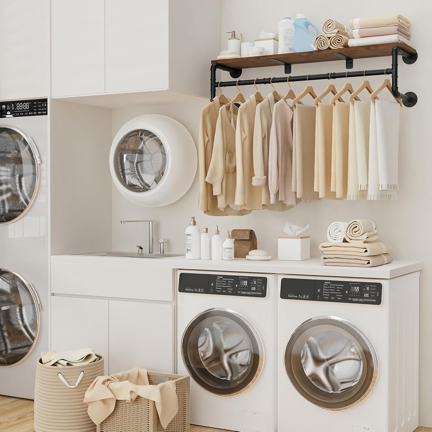 Yawinhe Industrial Pipe Clothing Rack with Shelves, Wall Mounted, Space Saving Closet Rod with 4 Bases, for Shops, Homes, 41.3''Lx10.2''Wx10.2''H, Rustic Brown, 1-Pack