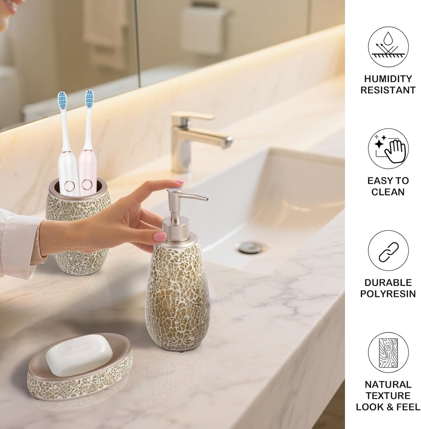 Exquisite Gold Glass Sequins Resin Bathroom Accessory Set,4 Pcs - Soap Dish,Lotion Dispenser,Toothbrush Cup,Toilet Brush & Holder,Modern Luxury Bathroom Set