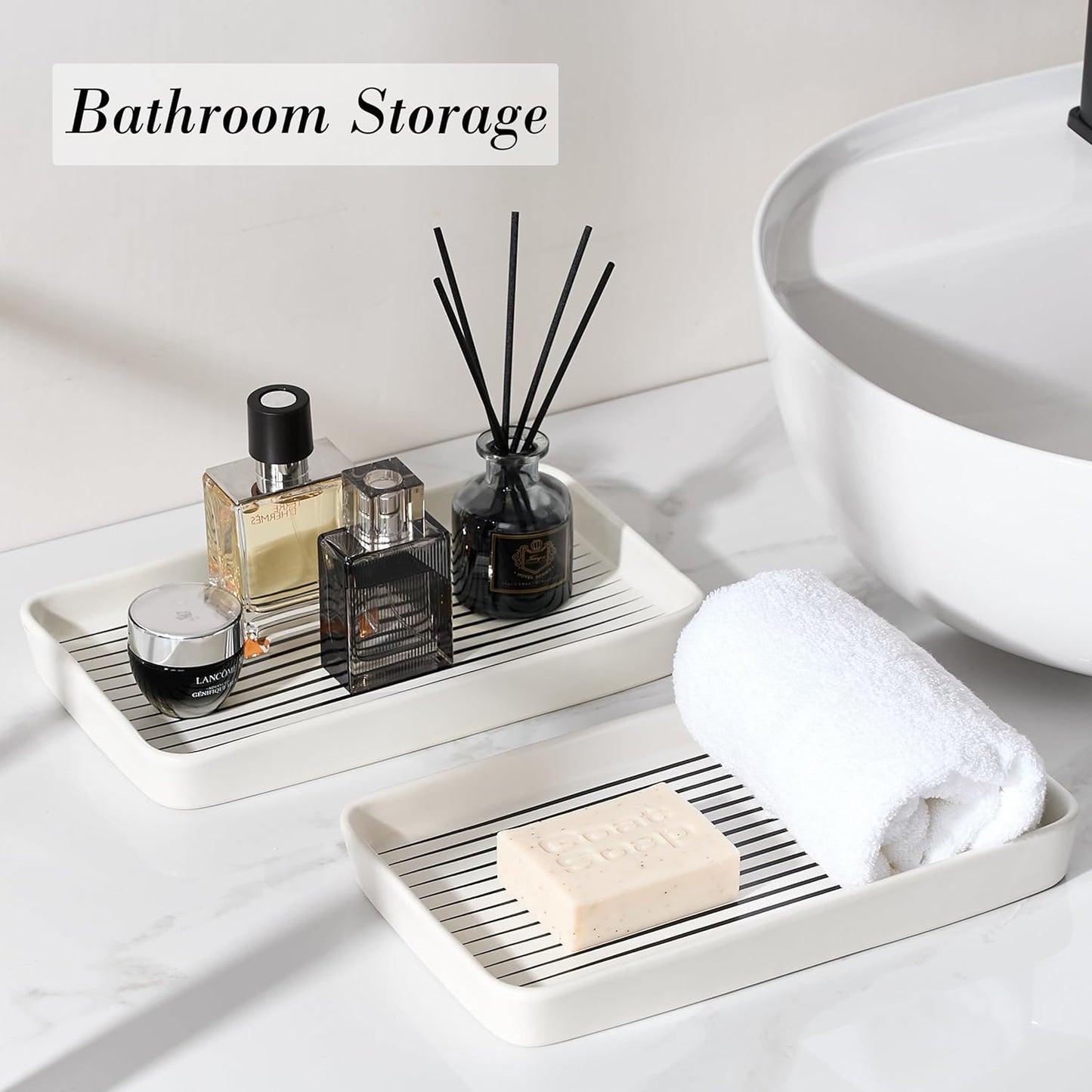 Bathroom Vanity Tray for Countertop,2PC Rectangle Striped Tray,Decorative Bathroom Organizer for Scrubber, Lotion Bottles, Perfume, Jewelry, Candle, Key Trinket Ring(Large,White)