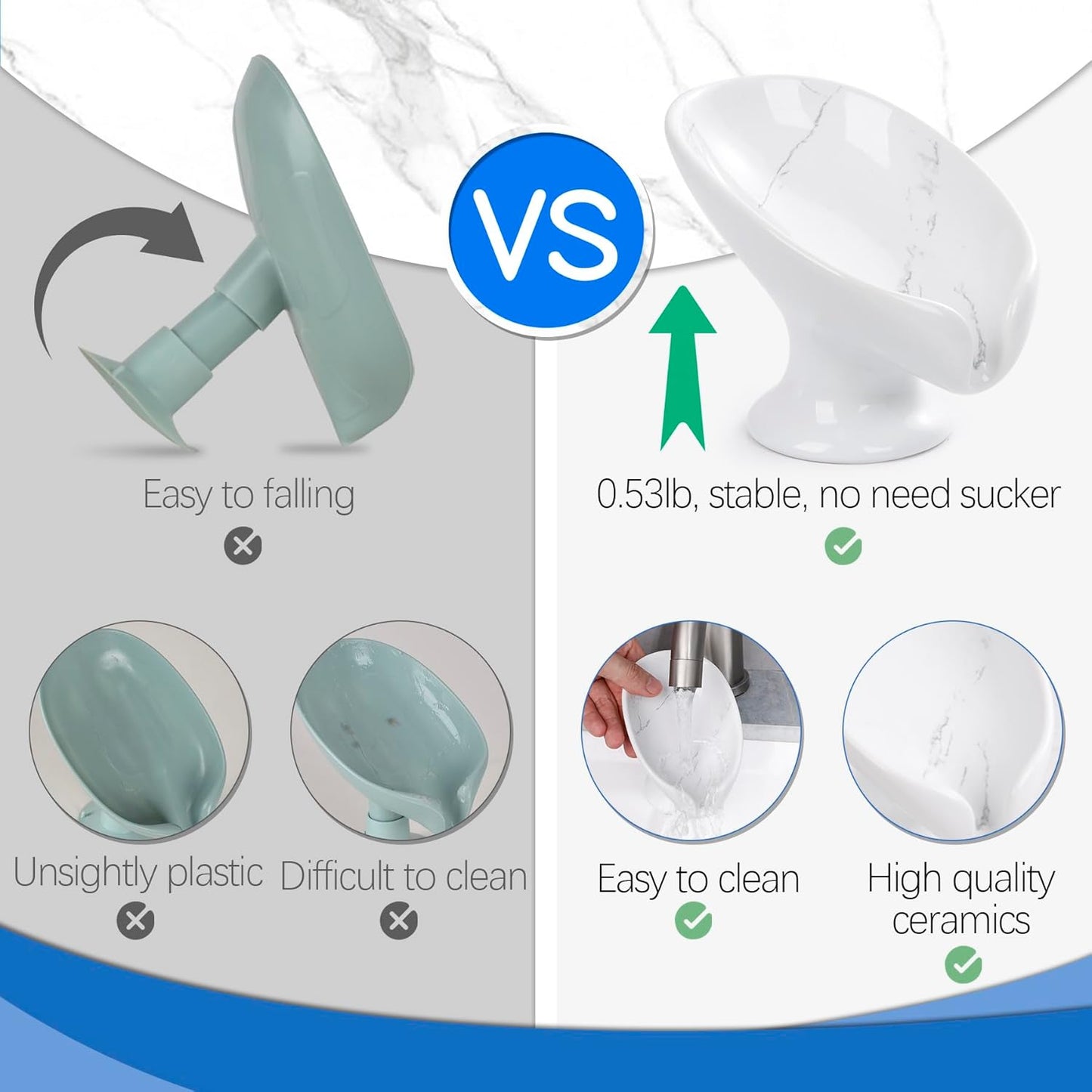 Small Soap Dish, Self Draining Bar Soap Holder for Bathroom Sink, Leaf Shaped Drainage Ceramic with Marble-Pattern Finish, Decorative Soap Dish, No Suction Cup, ANTIS'S HOME