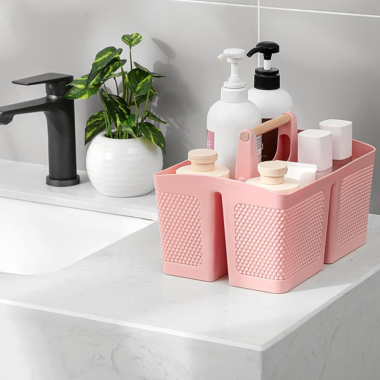rejomiik Portable Shower Caddy Basket Plastic Cleaning Caddy Organizer Storage Tote with Handle for Bathroom, College, Dorm Room Essentials, Pink