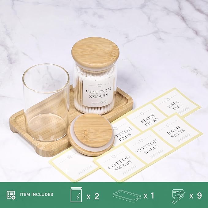 Qtip Holder with Vanity Tray - 2 Pack Glass Apothecary Jars with Lids, Cotton Ball Swab Pad Floss Pick Holder, Bathroom Organizers Jars Containers Canisters Accessories Set