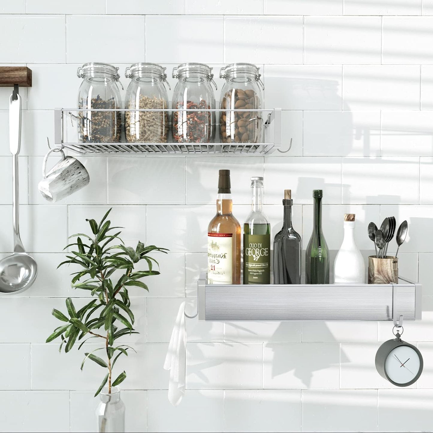 Bathroom Adhesive Shower Caddy Basket Shelf with Hooks, No Drilling Removable Bathroom Shelf Organizer,Stainless Steel Rustproof Shower Rack for Shampoo Storage, Sponge Holder-Silver