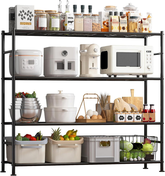 Storage Shelves - 4 Tier Shelf Organizer, Heavy Duty Garage Shelving Unit with Leveling Feet, Stable Metal Shelves Organizer for Pantry, Kitchen and Closet, 46.3" W x 12.6" D x 46.6" H, Black