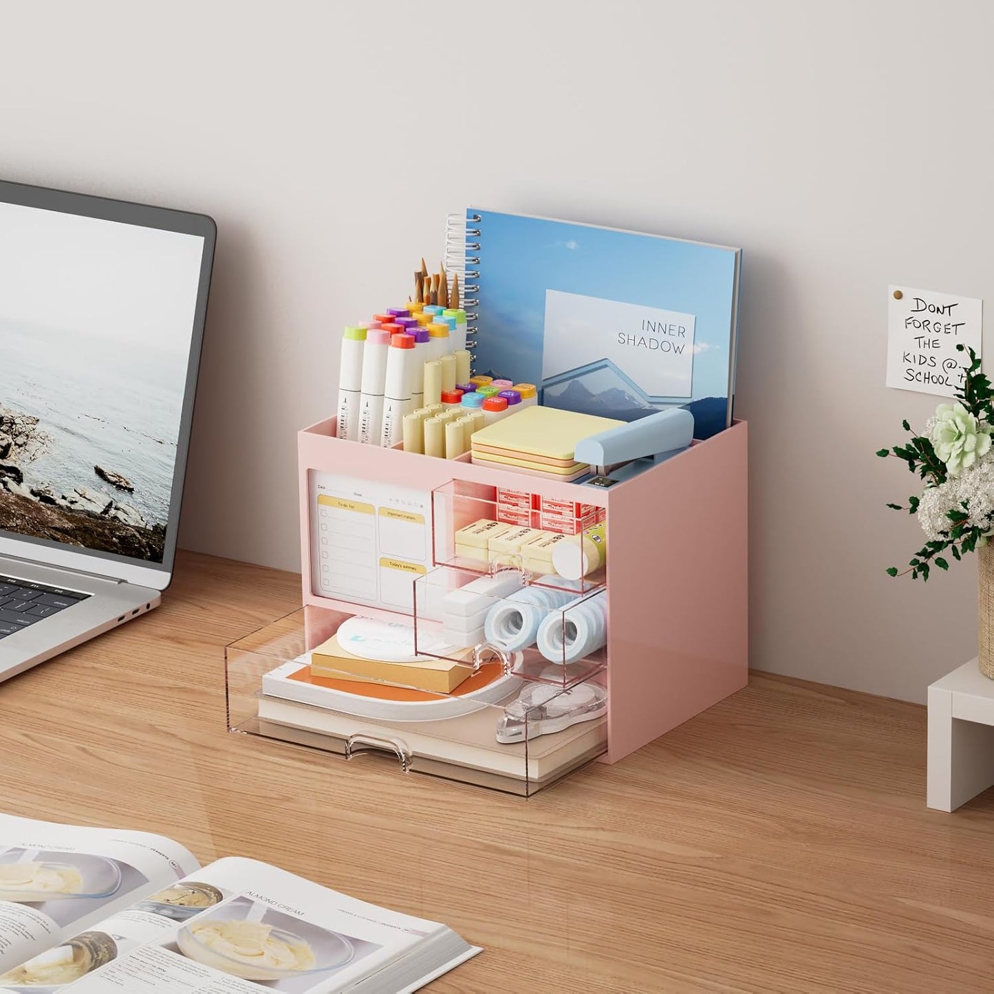 Marbrasse Desk Organizer with 3 Drawer, Multi-Functional Pencil Pen Holder for Desk, Desk Organizers and Accessories with 4 Compartments, Desktop Organizer Storage for Office Home Art Supplies (Pink)