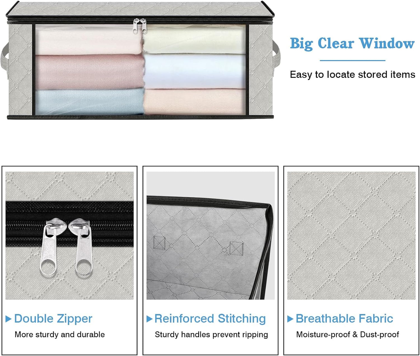 HomeHacks Storage 3-Pack Clothes Organizer Storage Bags Foldable Storage Box with Large Clear Window Sturdy Handles for Closet, Dorm, Pillows, Bedding, Clothes, Blankets, 35L, Ivory