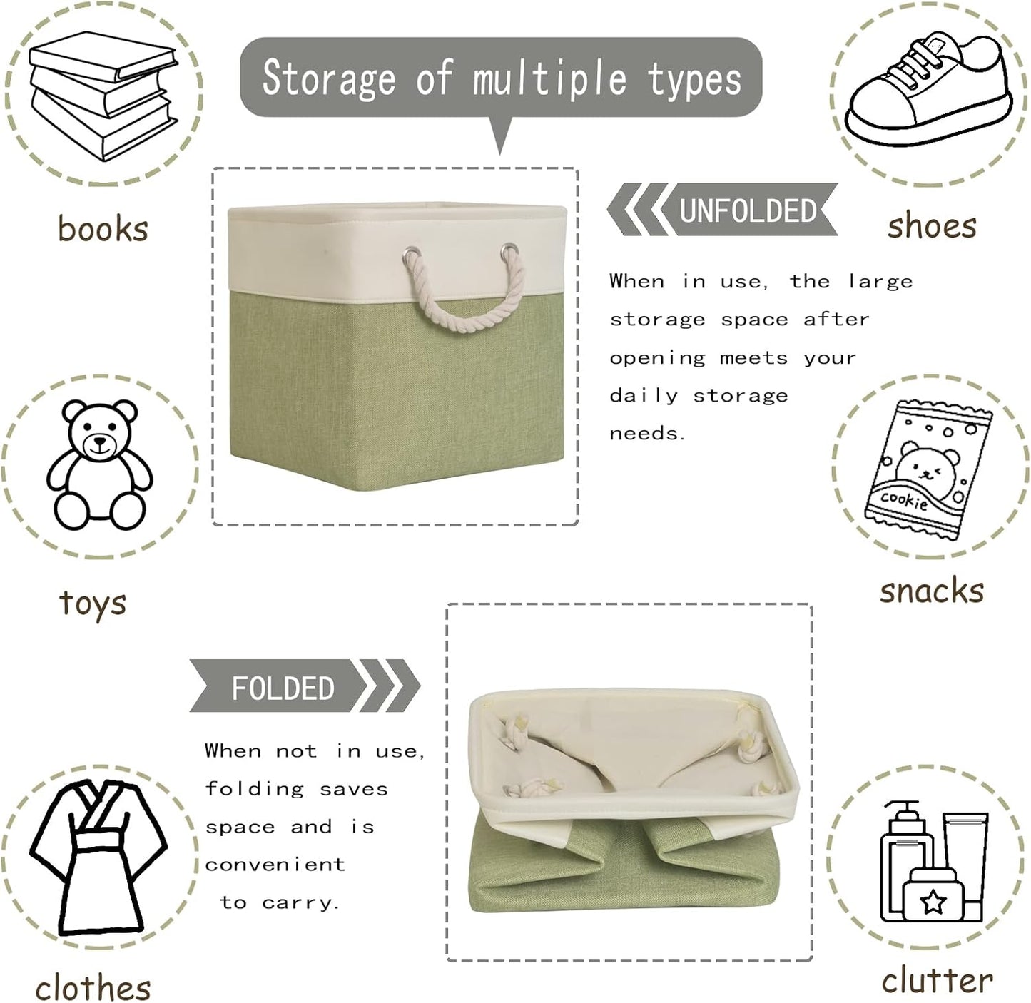 12 inch storage bins[6 Pack],Cube Storage Organizer Bins with Rope Handles, Eco-Friendly Linen Collapsible Organizers for Closet, Nursery, Toys, Office, Bathroom – Dual Color Design.(White&Green)