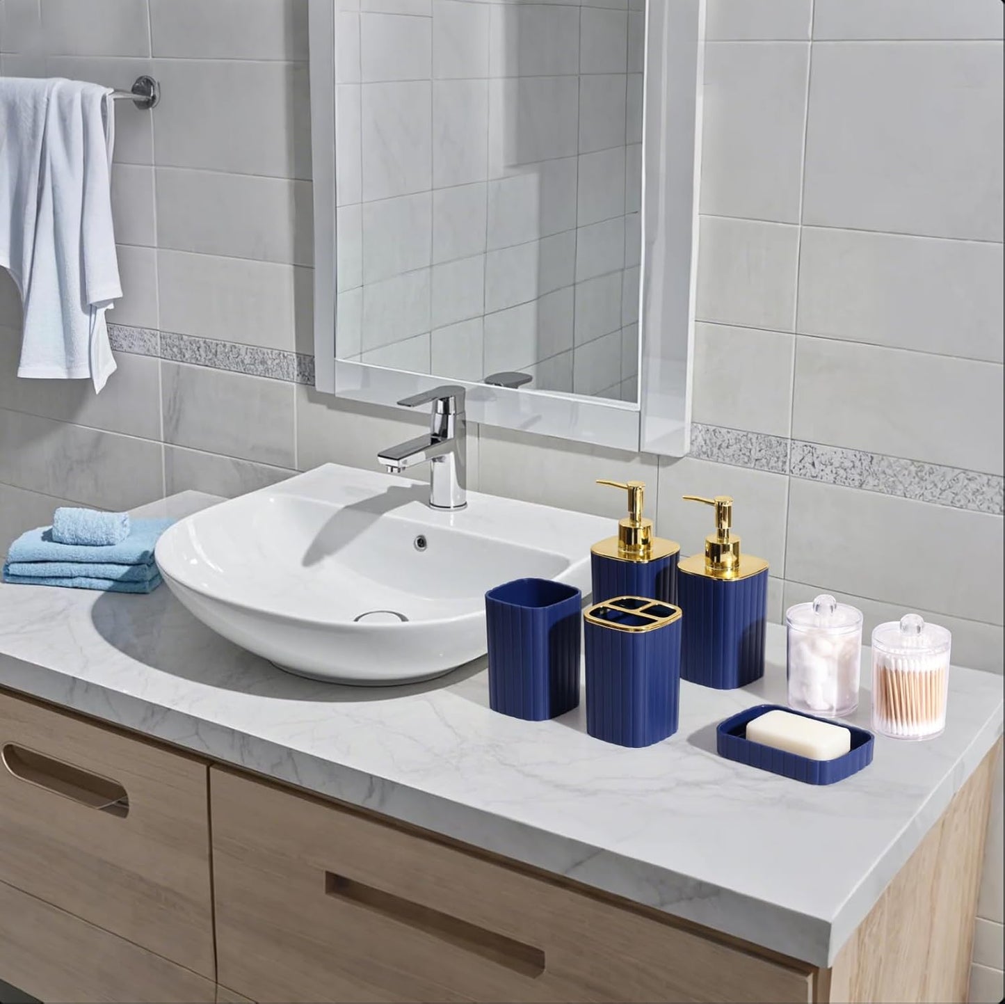 Bathroom Accessories Set - Gorgeous Bathroom Set, 10PC Navy Blue Bathroom Accessory Set, Toilet Brush, Trash Can, Qtip Holder Dispenser & Soap Dispenser