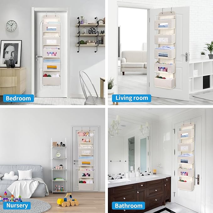 MAX Houser 5-Shelf Over The Door Hanging Organizer with 2 Metal Hooks，5 Pocket Over The Door Wall Mount Storage with Clear Windows for Baby Nursery Bathroom Closet,Bedroom,Dorm(Beige-2 Pack)