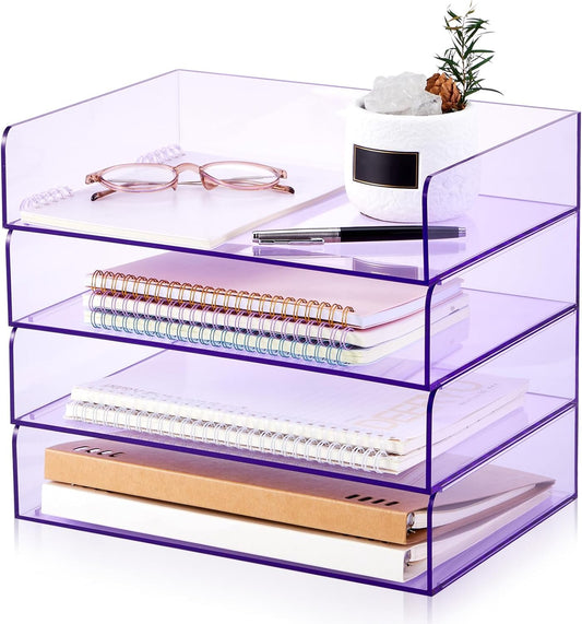 Harloon 4 Tier Acrylic Paper Tray 12.4 x 8.7 x 2.7 Inches Stackable Letter Clear Organizer No Need to Assemble Acrylic Paper File Organizer for Office Workspace Desktop Storage (Transparent Purple)